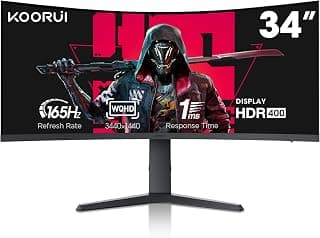 KOORUI 34-inch Curved Ultrawide WQHD 3440×1440 Gaming Monitor, 165Hz 1000R- PIP/PBP, 1ms(MPRT), HDR400, DCI-P3 95%, FreeSync Premium, 1 x DP 1.4 & 2 x HDMI 2.0, Tilt Height Swivel Adjustment, 34E6UC