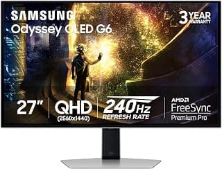 SAMSUNG 27” Odyssey OLED G6 (G61SD) QHD & QD-OLED 240Hz 0.03ms FreeSync Premium Pro Gaming Monitor with Sleek Metal Design, 3 Year Warranty, US, LS27DG610SNXZA, 2024