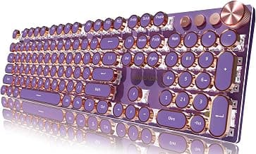 EWEADN Typewriter Style Mechanical Gaming Keyboard,104 Keys Backlit LED Keyboard, Media Control Knob, Wired Computer Keyboard Pink Switch for Windows/Mac/PC-Purple